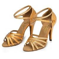 Non Customizable Women\'s Dance Shoes Latin Satin / Leather Stiletto Heel Gold