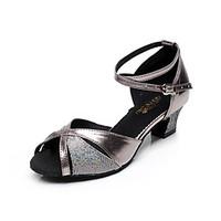 Non Customizable Women\'s Dance Shoes Leather Sparkling Glitter Latin Heels Chunky Heel Indoor