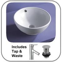 Nord 37.5cm Diameter Round Countertop Ceramic Sink With Tall Tap and Waste