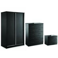 Novello Black Gloss Wardrobe Bedside 5 Drawer Chest Set