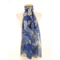 Non Branded Beautiful Indigo Blue and Cream Graphic Floral 100% Silk Scarf