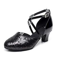 Non Customizable Women\'s Latin Paillette Heels Indoor Sequin Buckle Low Heel Black 1\