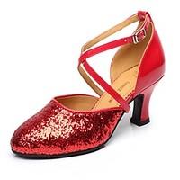 Non Customizable Women\'s Latin Paillette Heels Indoor Sequin Buckle Cuban Heel Red 2\