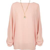 Nora Baggy Batwing Sleeve Necklace Top - Pink