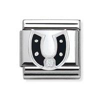 Nomination Composable Classic Silver, Zirconia and Black Enamel Horse Shoe Charm