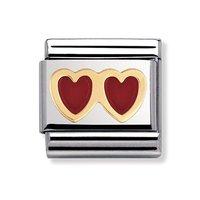 Nomination Composable Classic 18ct Gold and Red Enamel Double Heart Charm