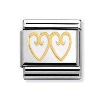 Nomination Composable Classic 18ct Gold and White Enamel Fancy Double Heart Charm