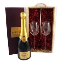 NV Krug Grande Cuvee Champagne with Two Engraved Schott Zweisel Crystal Flutes