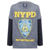 NYPD boys grey marl mock layer long sleeve round neck logo and badge motif top - Dark Denim