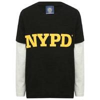 NYPD boys black and white mock layer long sleeve round neck yellow logo letters top - Black