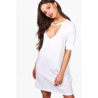 O-Ring Choker Plunge T-Shirt Dress - white