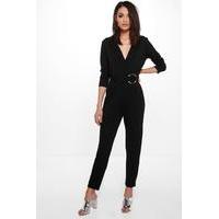 O-Ring Belted Tailored Woven Jumpsuit - black