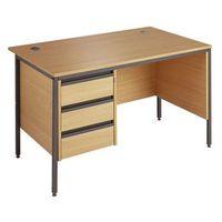 OAK H FRAME DESK WITH SIDE MODESTY PANELAND 3 DRW FIXED PEDESTAL- H725 X W122