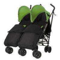 obaby apollo black and grey twin stroller and black footmuffs in lime