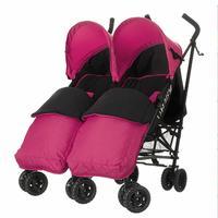 obaby apollo black and grey twin stroller and pink footmuffs in pink