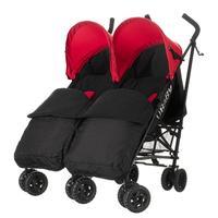 obaby apollo black and grey twin stroller and black footmuffs in red