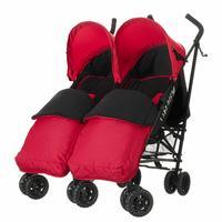 obaby apollo black and grey twin stroller and red footmuffs in red