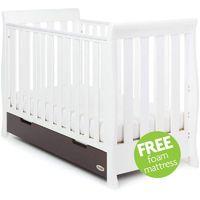Obaby Stamford Sleigh Mini Cot Bed Including Underbed Drawer-White with Walnut + Free Mattress worth £29.99!