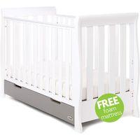 Obaby Stamford Sleigh Mini Cot Bed Including Underbed Drawer-White with Taupe Grey + Free Mattress worth £29.99!