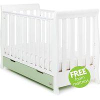 Obaby Stamford Sleigh Mini Cot Bed Including Underbed Drawer-White with Pisatchio + Free Mattress worth £29.99!