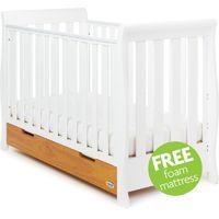 Obaby Stamford Sleigh Mini Cot Bed Including Underbed Drawer-White with Country Pine + Free Mattress worth £29.99!
