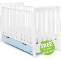 Obaby Stamford Sleigh Mini Cot Bed Including Underbed Drawer-White with Bonbon Blue + Free Mattress worth £29.99!