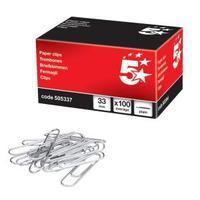 office paperclips metal large 33mm plain pack 100 505337