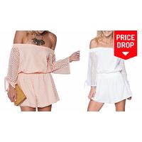 Off-the-Shoulder Mesh Playsuit - Pink or White