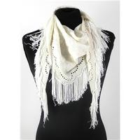 Off White Embroidered Embellishment Scarf With Tassels