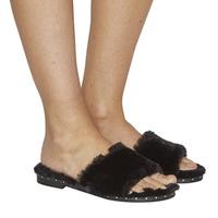 Office Snuggle Fluffy Mule Sandal BLACK FAUX FUR