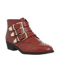 Office Lucky Charm Studded Boots RED LEATHER GOLD HARDWARE