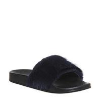 Office Sleepy Faux Fur Pool Slide NAVY FAUX FUR WITH BLACK SOLE