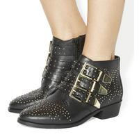 office lucky charm studded buckle western boots black leather gold har ...