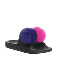 Office Snowball Pompom Slide BLACK WITH MULTI FAUX FUR