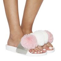 Office Snowball Pompom Slide SILVER WITH PINK AND WHITE FAUX FUR