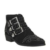 Office Lucky Charm Studded Buckle Western Boots BLACK NUBUCK