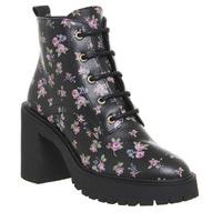 Office Lemonade Lace Up Chunky Boots BLACK FLORAL