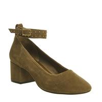 office mason block mid heel ankle strap khaki suede