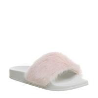 office sleepy faux fur pool slide pink faux fur with white sole