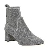 office lurex mid block heel stretch boots silver glitter