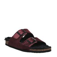 office hype 2 double strap sandals burgundy velvet with black fur