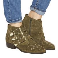 office lucky charm studded buckle western boots khaki suede