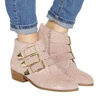 office lucky charm studded buckle western boots pink suede