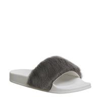 office sleepy faux fur pool slide grey faux fur with white sole