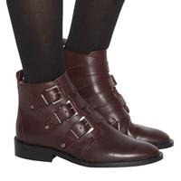 office lock down studded buckle boots burgundy leather