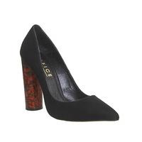 Office Amaze Cylindrical Heel Point Court BLACK SUEDE TORTOISESHELL HEEL EFFECT