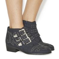 Office Lucky Charm Studded Buckle Western Boots NAVY NUBUCK SILVER HARDWARE