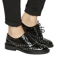 Office Patchwork Lace Up Brogue BLACK PATENT EYELET DETAIL