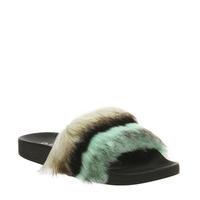 Office Sambuca- Faux Fur Pool Slide BLACK GREEN MULTI FUR WITH BLACK SOLE