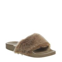 Office Sambuca- Faux Fur Pool Slide DUSTY PINK WITH ROSE GOLD SOLE